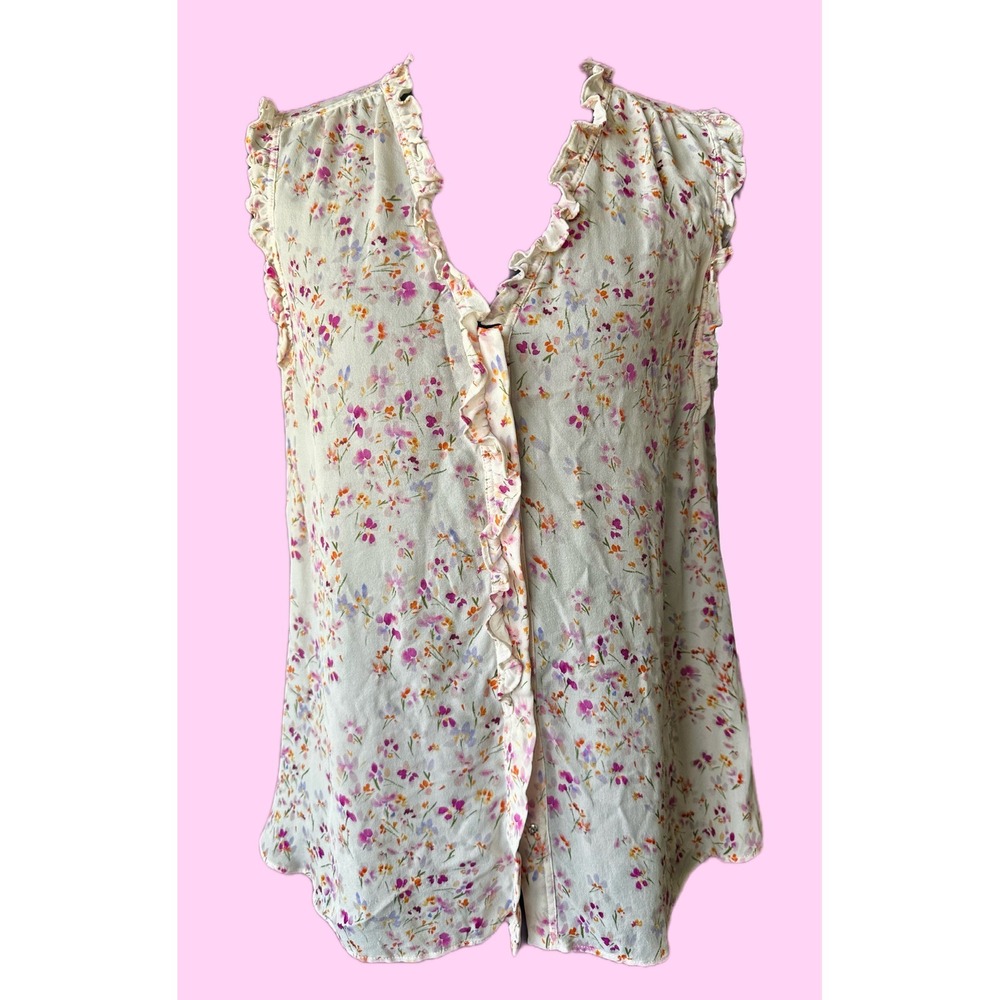 Go by GoSilk Womens Washable Silk Floral Ruffle Sleeveless Blouse Cream Medium